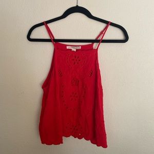 Red embroidered cutout halter high neck tank